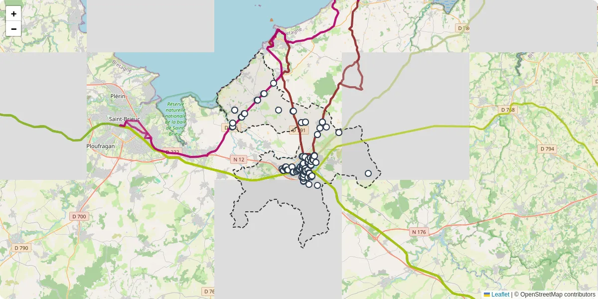 Carte du réseau de transport en commun à Lamballe-Armor - lignes de bus et arrêts