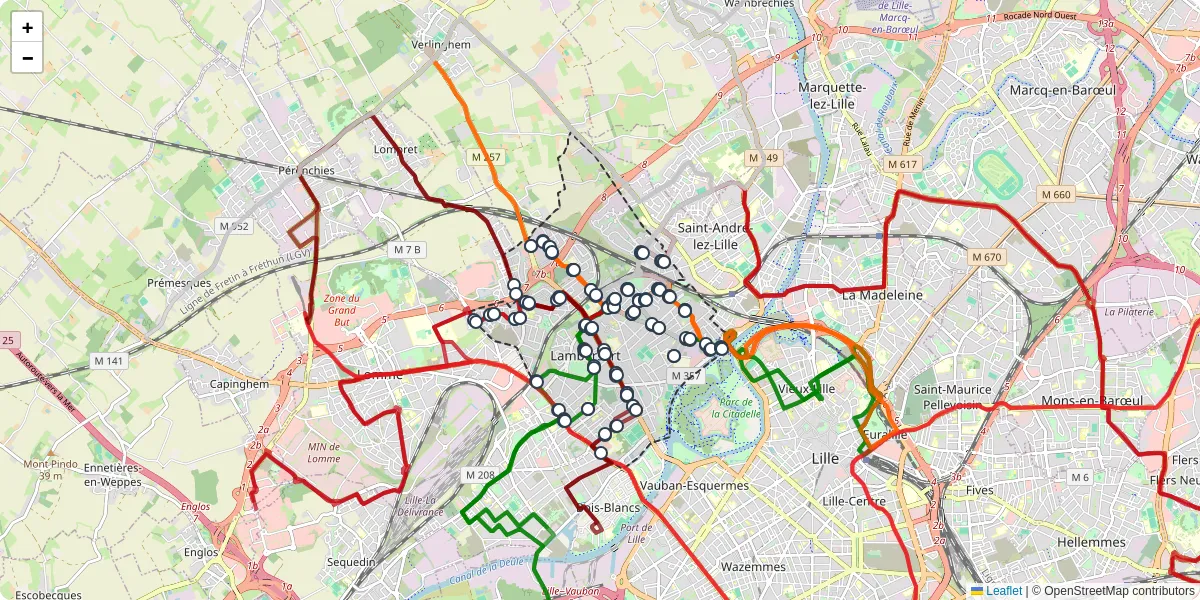 Carte du réseau de transport en commun à Lambersart - lignes de bus et arrêts