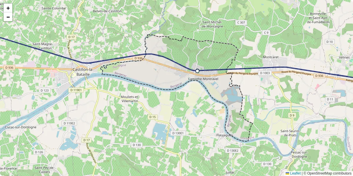 Carte du réseau de transport en commun à Lamothe-Montravel - lignes de bus et arrêts