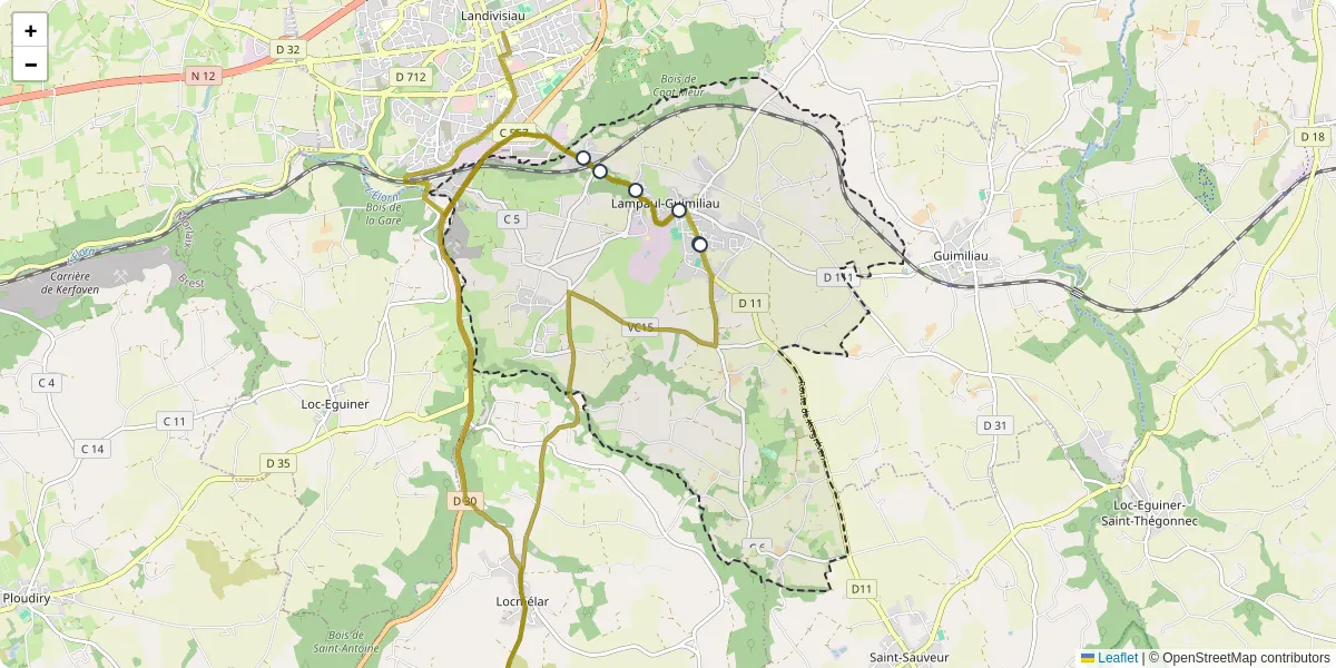 Carte du réseau de transport en commun à Lampaul-Guimiliau - lignes de bus et arrêts