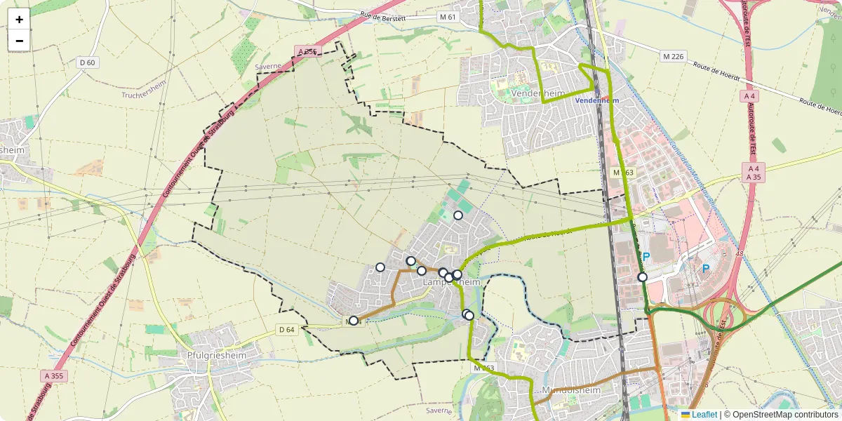 Carte du réseau de transport en commun à Lampertheim - lignes de bus et arrêts