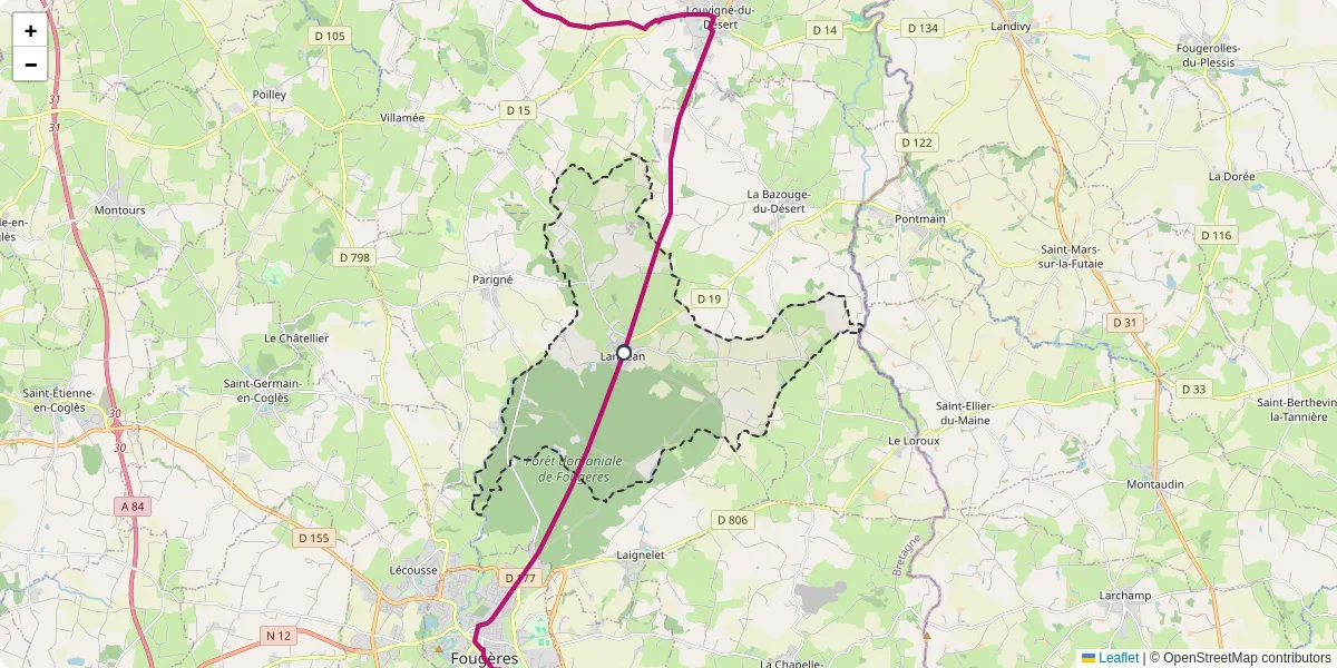 Carte du réseau de transport en commun à Landéan - lignes de bus et arrêts