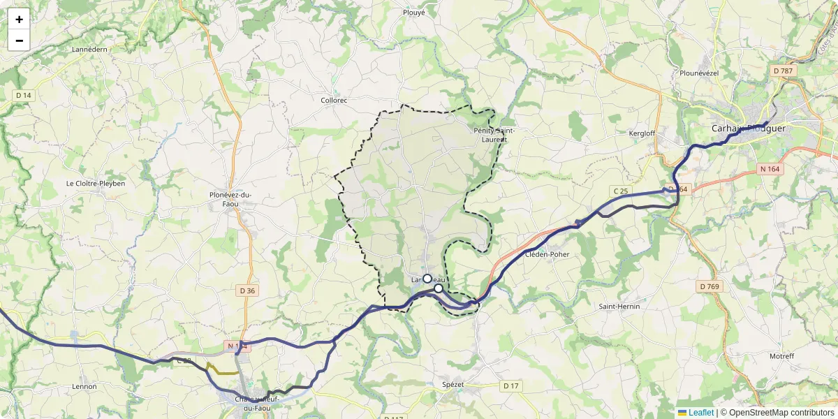 Carte du réseau de transport en commun à Landeleau - lignes de bus et arrêts