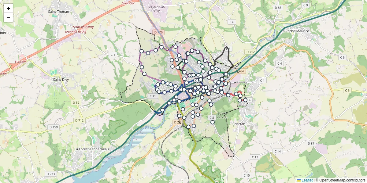 Carte du réseau de transport en commun à Landerneau - lignes de bus et arrêts