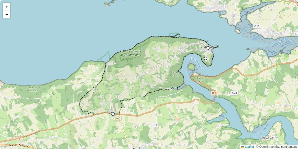 Carte du réseau de transport en commun à Landévennec - lignes de bus et arrêts