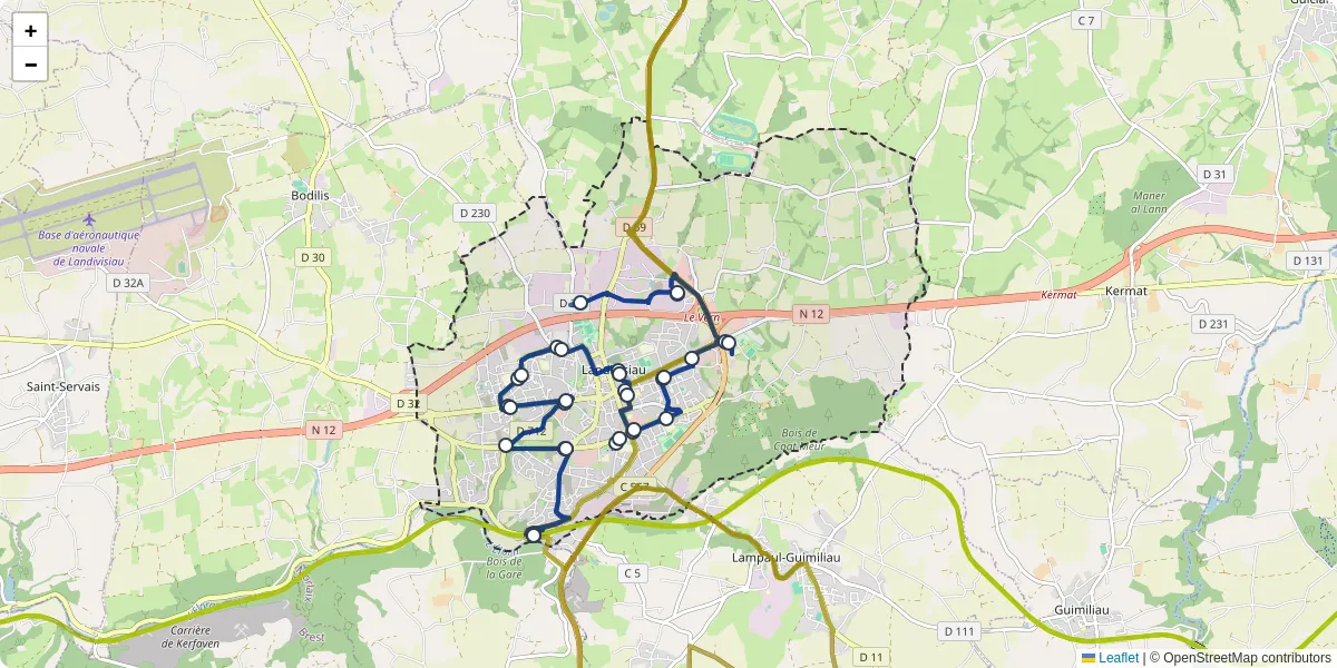 Carte du réseau de transport en commun à Landivisiau - lignes de bus et arrêts