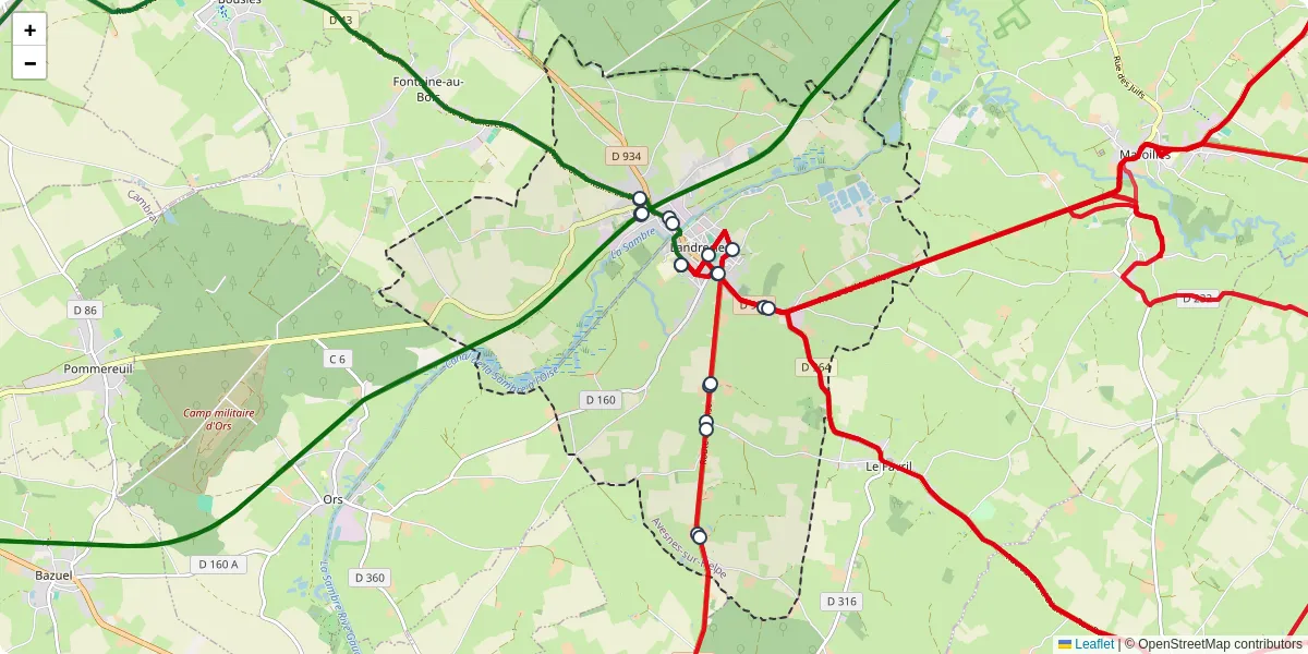 Carte du réseau de transport en commun à Landrecies - lignes de bus et arrêts