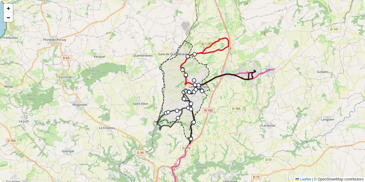 Carte du réseau de transport en commun à Landrévarzec - lignes de bus et arrêts