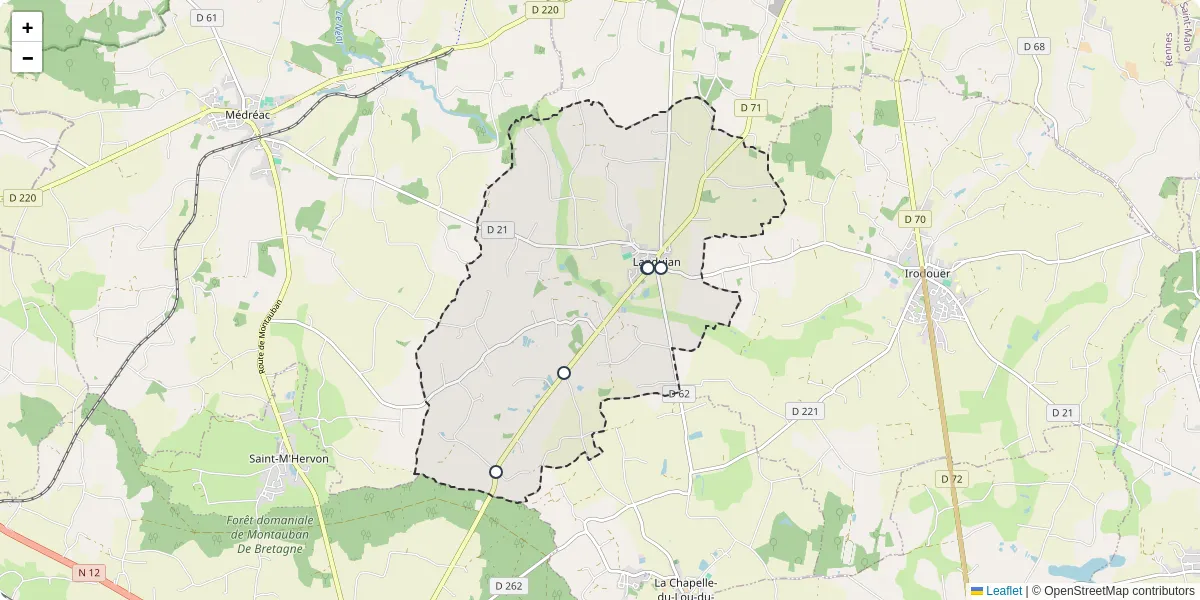 Carte du réseau de transport en commun à Landujan - lignes de bus et arrêts