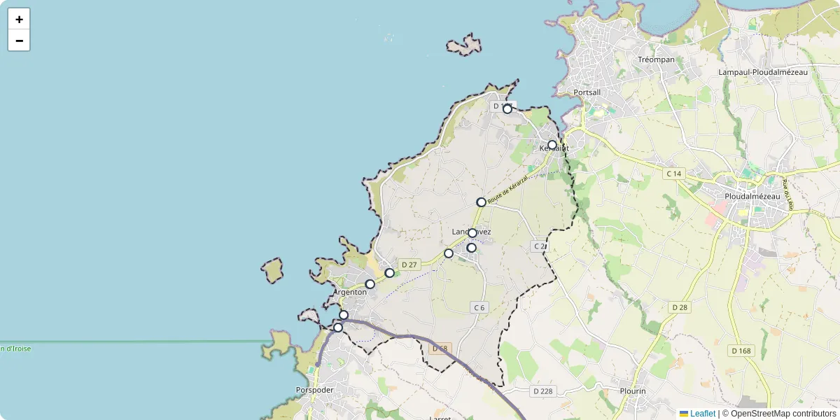Carte du réseau de transport en commun à Landunvez - lignes de bus et arrêts