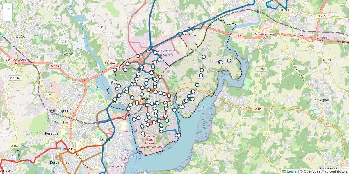 Carte du réseau de transport en commun à Lanester - lignes de bus et arrêts