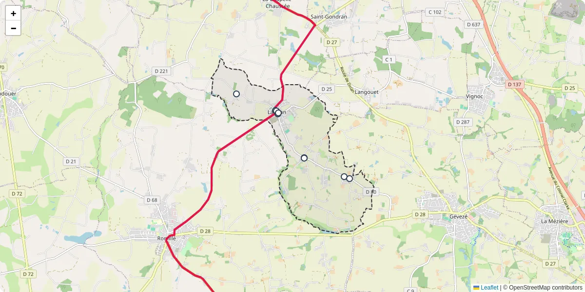 Carte du réseau de transport en commun à Langan - lignes de bus et arrêts