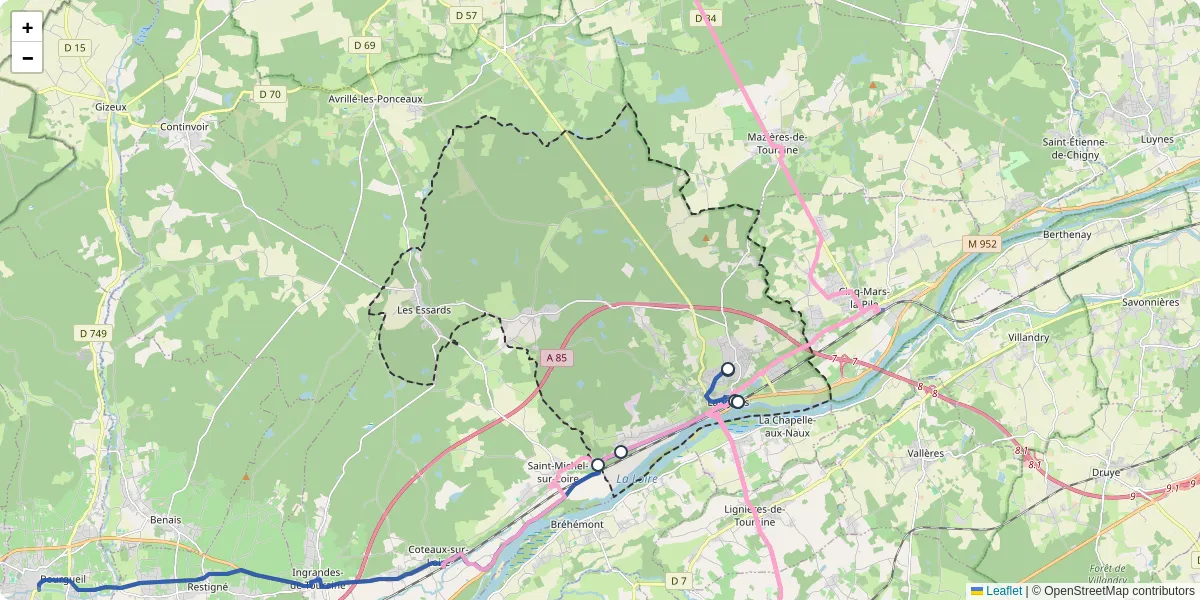 Carte du réseau de transport en commun à Langeais - lignes de bus et arrêts