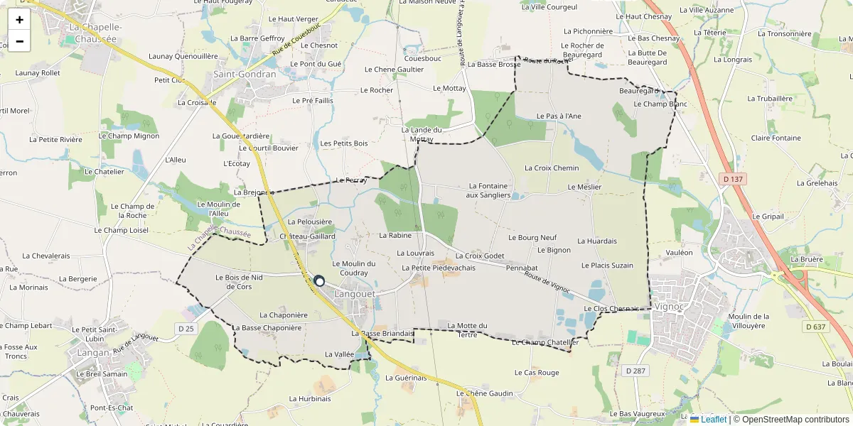 Carte du réseau de transport en commun à Langouet - lignes de bus et arrêts