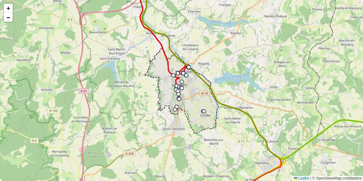 Carte du réseau de transport en commun à Langres - lignes de bus et arrêts