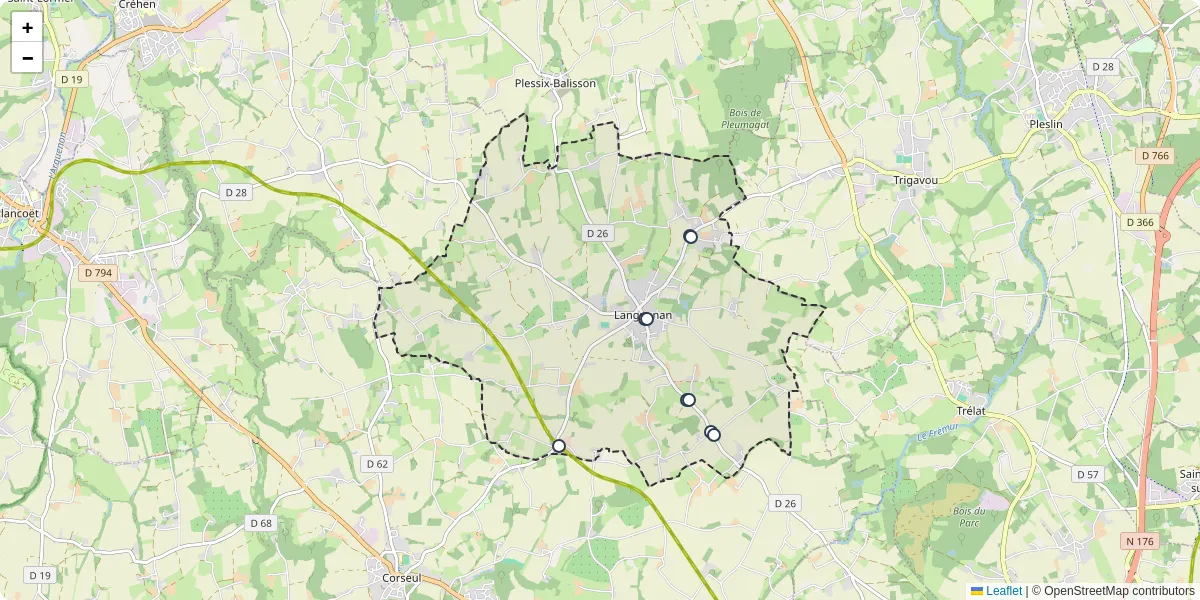 Carte du réseau de transport en commun à Languenan - lignes de bus et arrêts