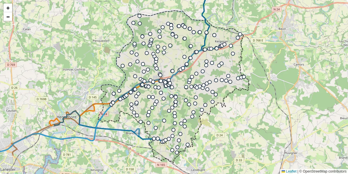 Carte du réseau de transport en commun à Languidic - lignes de bus et arrêts