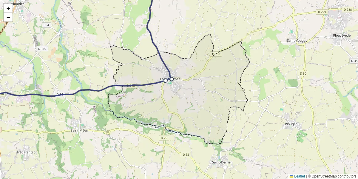 Carte du réseau de transport en commun à Lanhouarneau - lignes de bus et arrêts