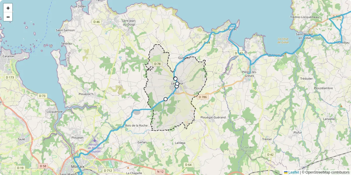 Carte du réseau de transport en commun à Lanmeur - lignes de bus et arrêts