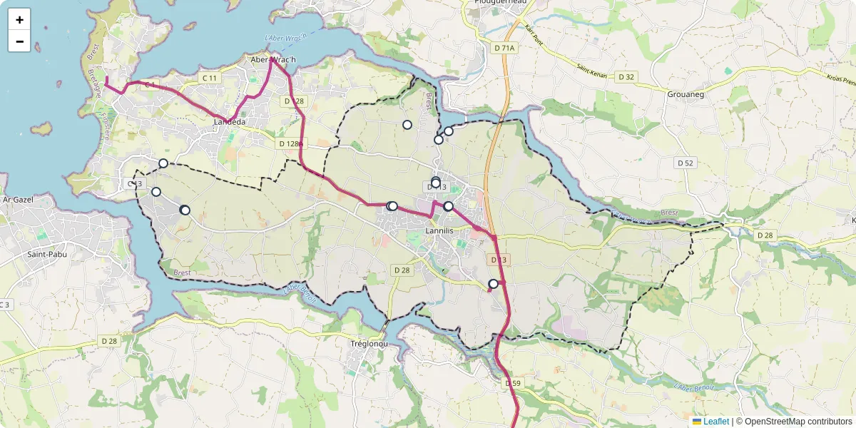 Carte du réseau de transport en commun à Lannilis - lignes de bus et arrêts