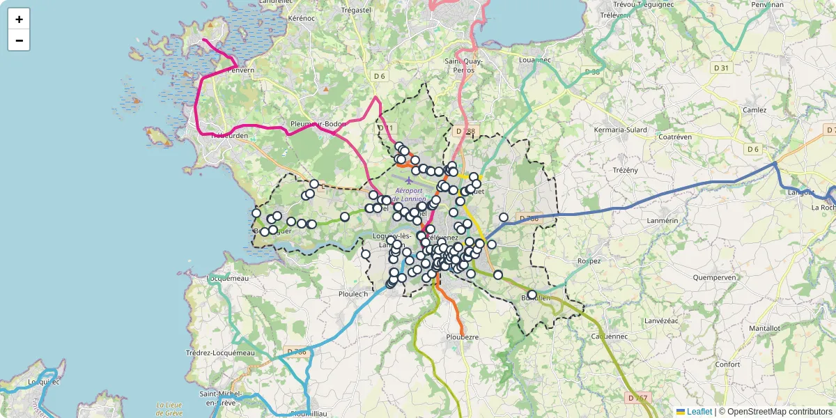 Carte du réseau de transport en commun à Lannion - lignes de bus et arrêts