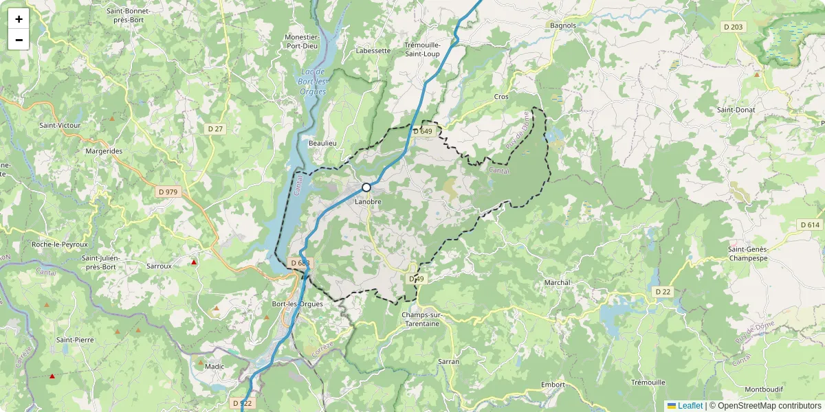 Carte du réseau de transport en commun à Lanobre - lignes de bus et arrêts