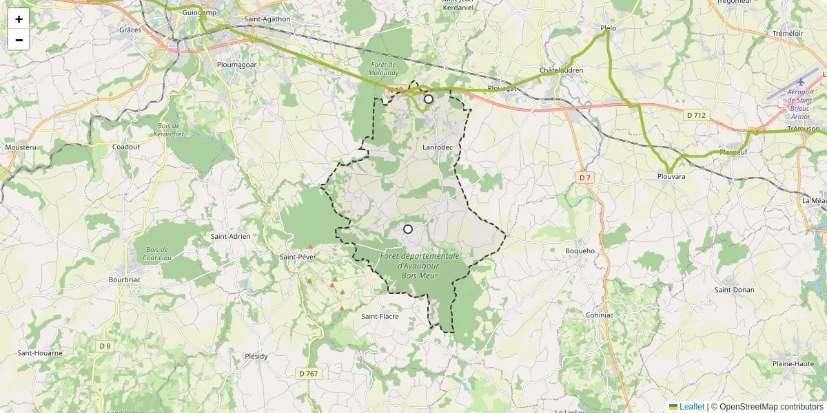 Carte du réseau de transport en commun à Lanrodec - lignes de bus et arrêts