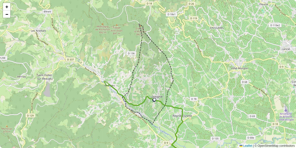 Carte du réseau de transport en commun à Lantignié - lignes de bus et arrêts