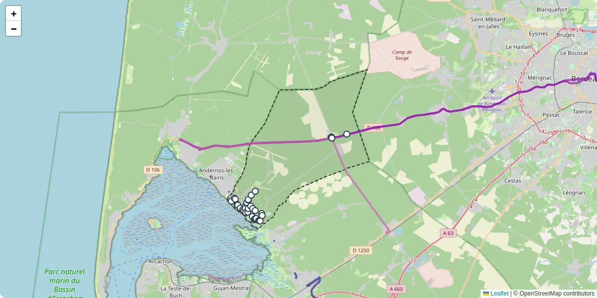 Carte du réseau de transport en commun à Lanton - lignes de bus et arrêts