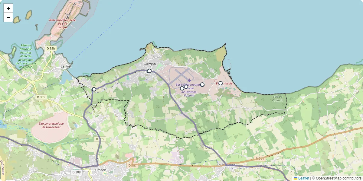 Carte du réseau de transport en commun à Lanvéoc - lignes de bus et arrêts