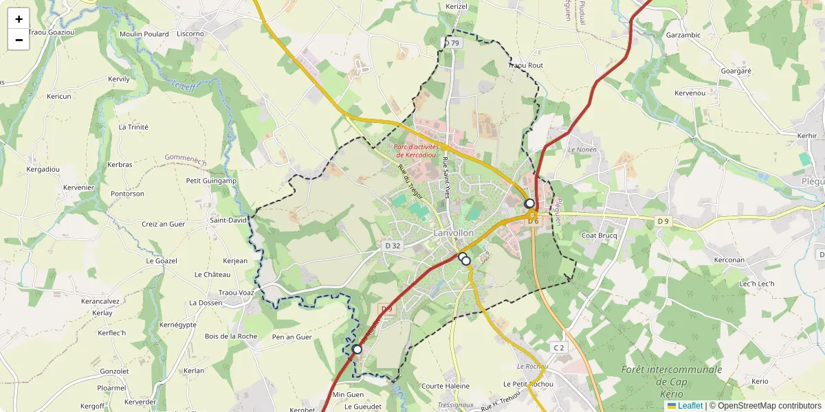 Carte du réseau de transport en commun à Lanvollon - lignes de bus et arrêts