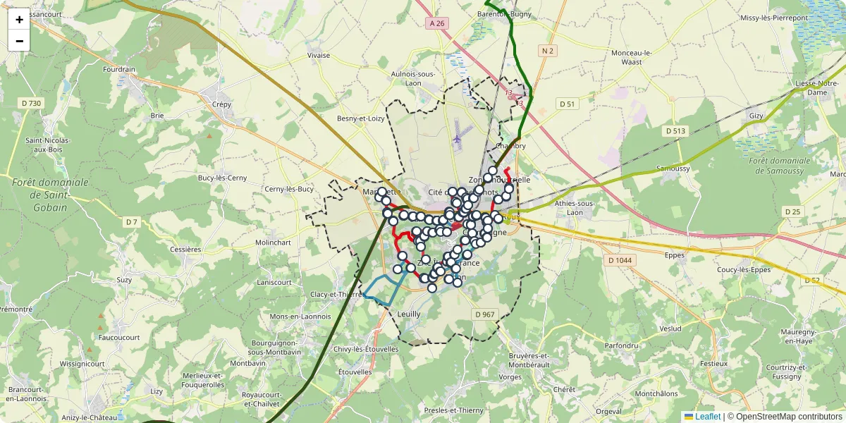 Carte du réseau de transport en commun à Laon - lignes de bus et arrêts
