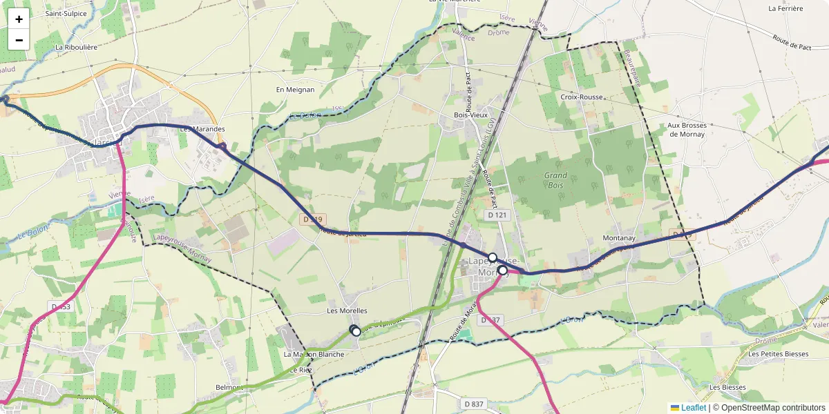 Carte du réseau de transport en commun à Lapeyrouse-Mornay - lignes de bus et arrêts