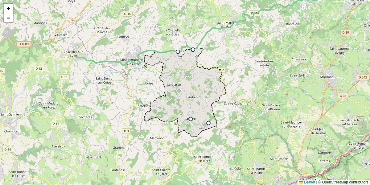 Carte du réseau de transport en commun à Larajasse - lignes de bus et arrêts