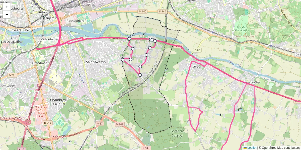 Carte du réseau de transport en commun à Larçay - lignes de bus et arrêts