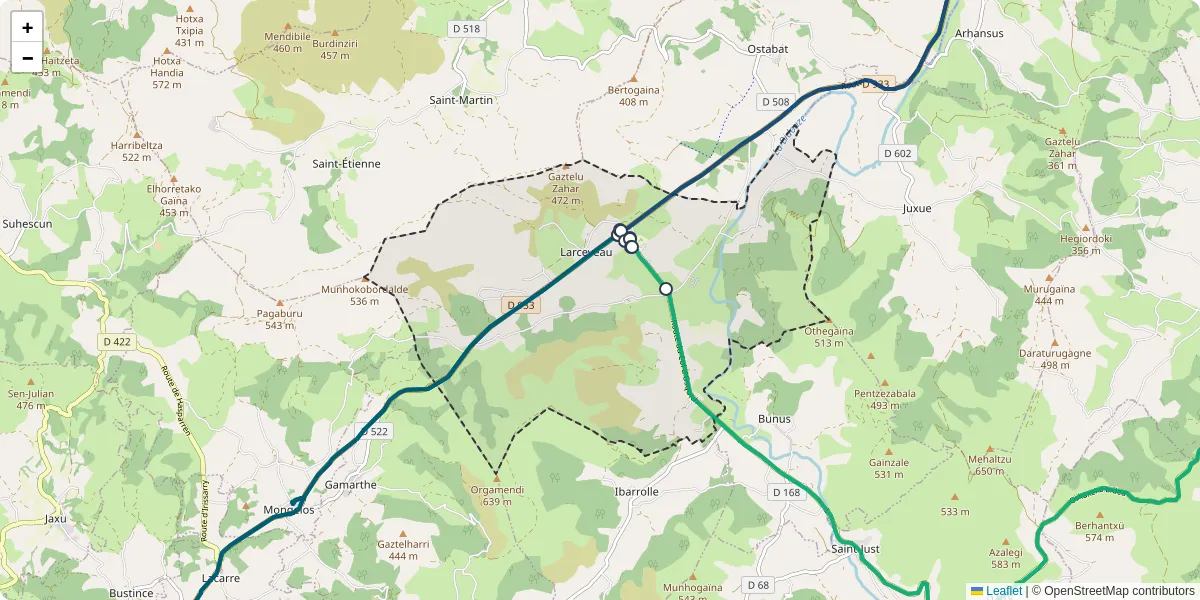 Carte du réseau de transport en commun à Larceveau-Arros-Cibits - lignes de bus et arrêts