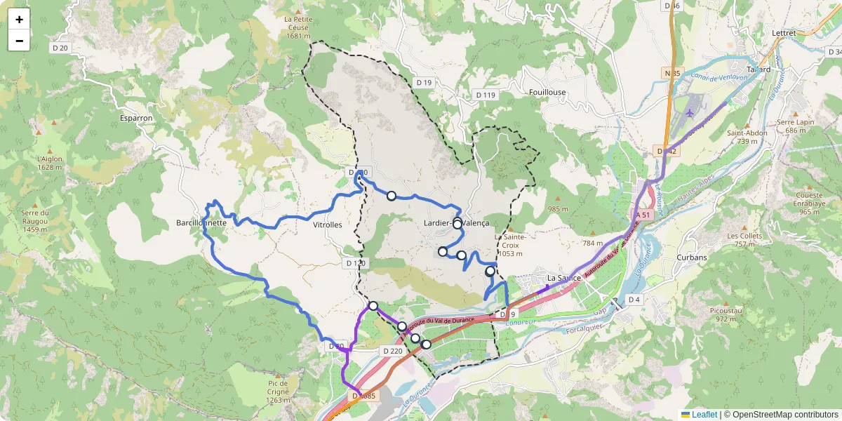 Carte du réseau de transport en commun à Lardier-et-Valença - lignes de bus et arrêts