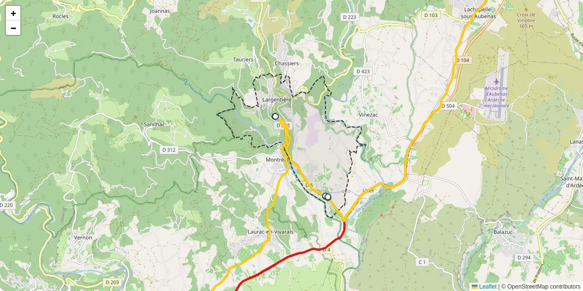 Carte du réseau de transport en commun à Largentière - lignes de bus et arrêts