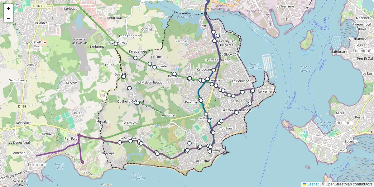 Carte du réseau de transport en commun à Larmor-Plage - lignes de bus et arrêts