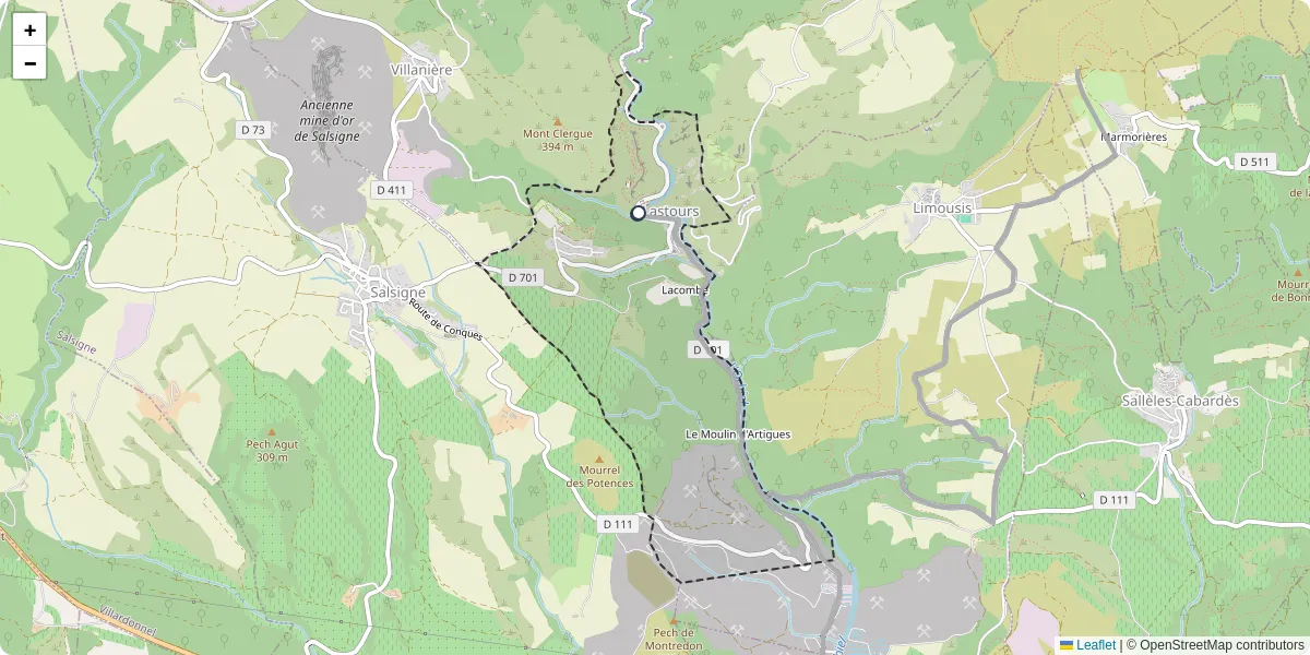 Carte du réseau de transport en commun à Lastours - lignes de bus et arrêts
