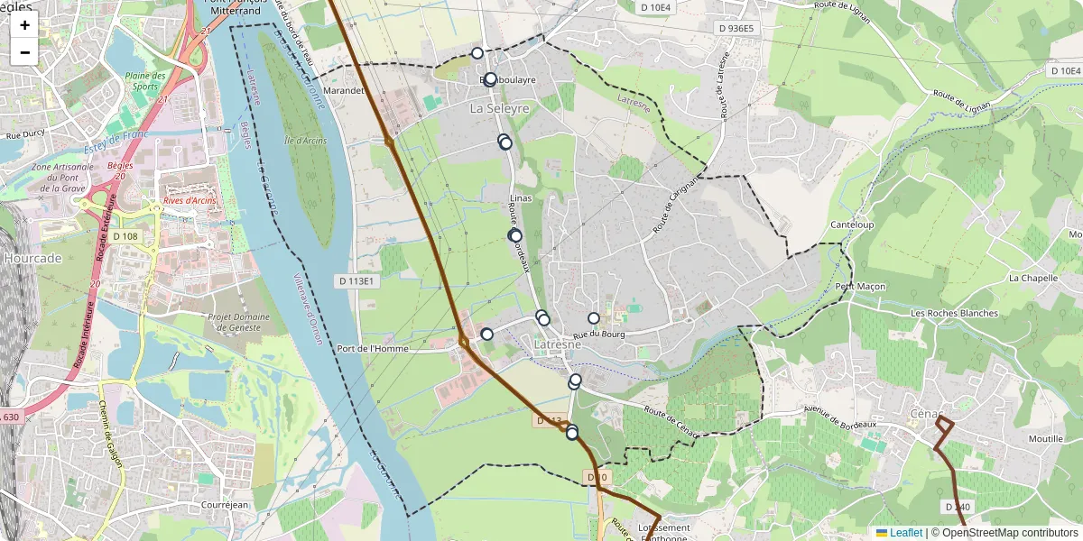 Carte du réseau de transport en commun à Latresne - lignes de bus et arrêts