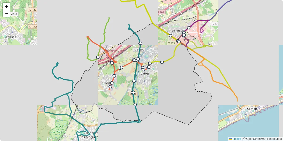 Carte du réseau de transport en commun à Lattes - lignes de bus et arrêts