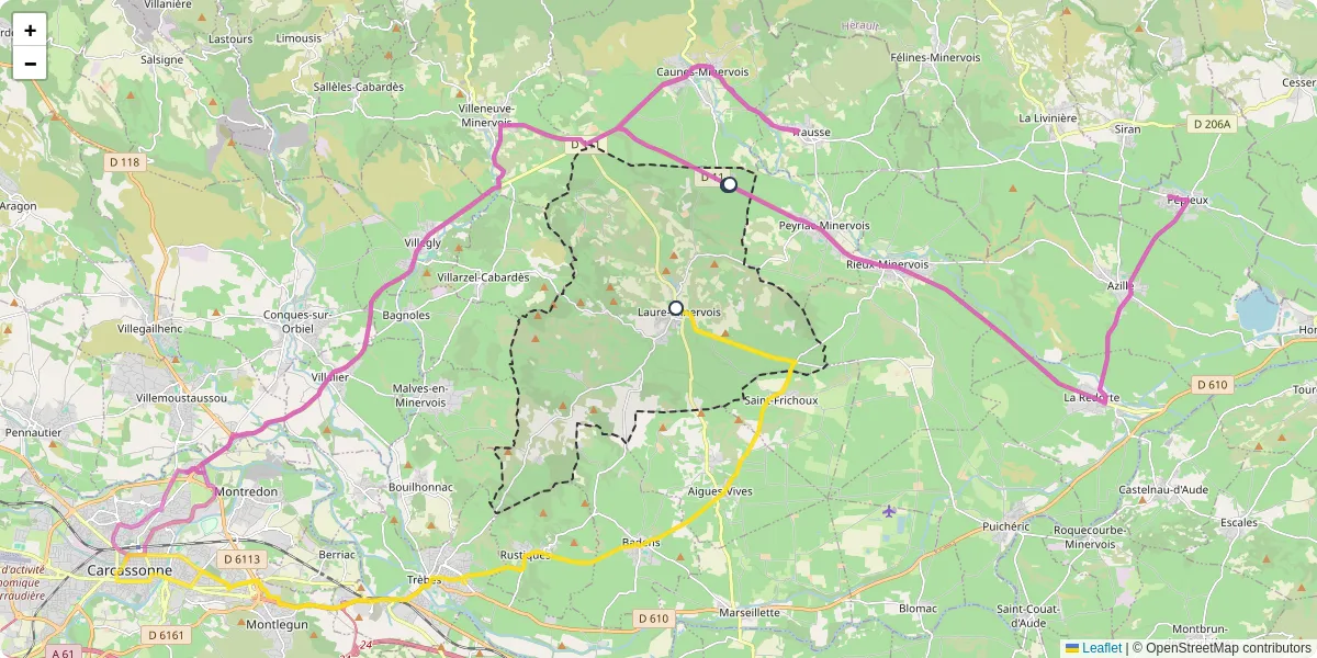 Carte du réseau de transport en commun à Laure-Minervois - lignes de bus et arrêts