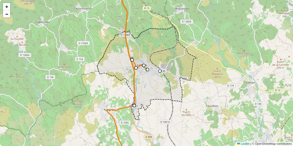 Carte du réseau de transport en commun à Laurens - lignes de bus et arrêts