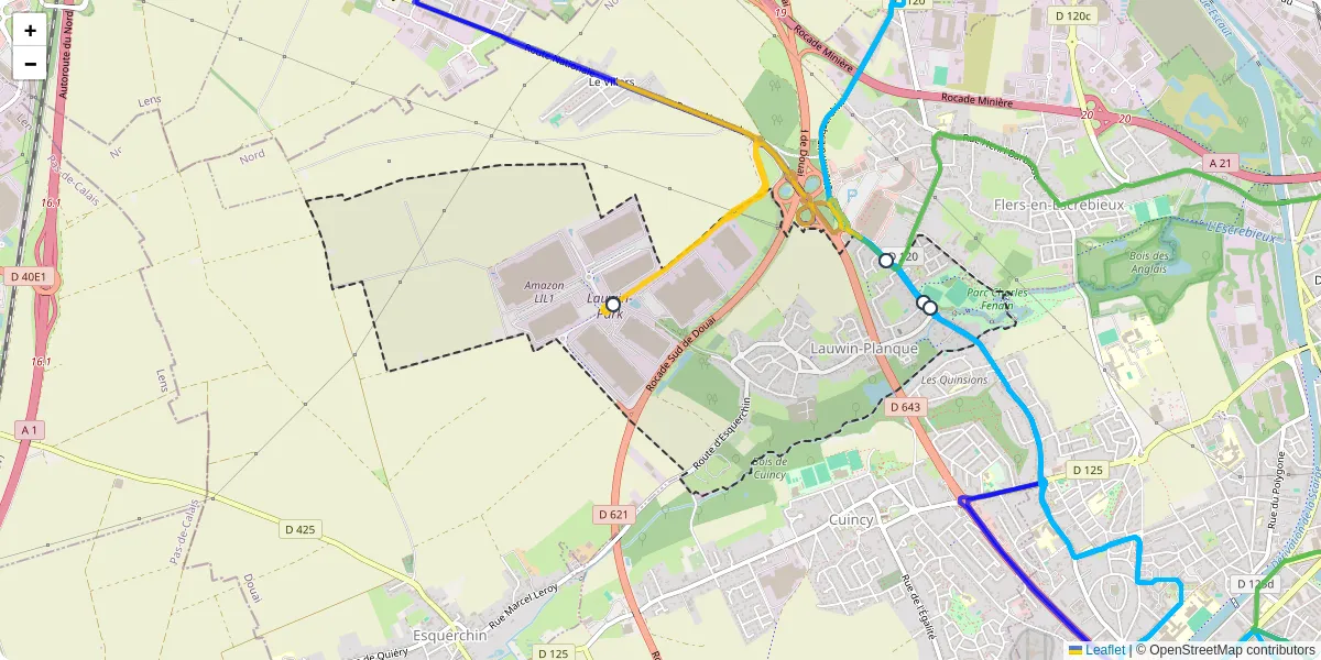 Carte du réseau de transport en commun à Lauwin-Planque - lignes de bus et arrêts