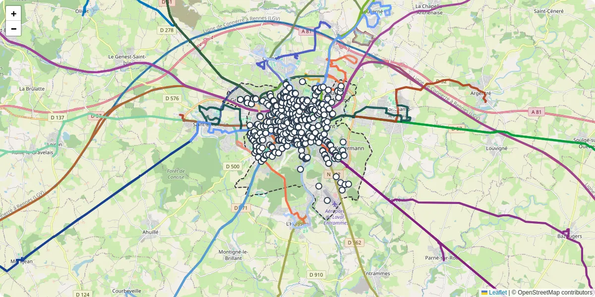 Carte du réseau de transport en commun à Laval - lignes de bus et arrêts