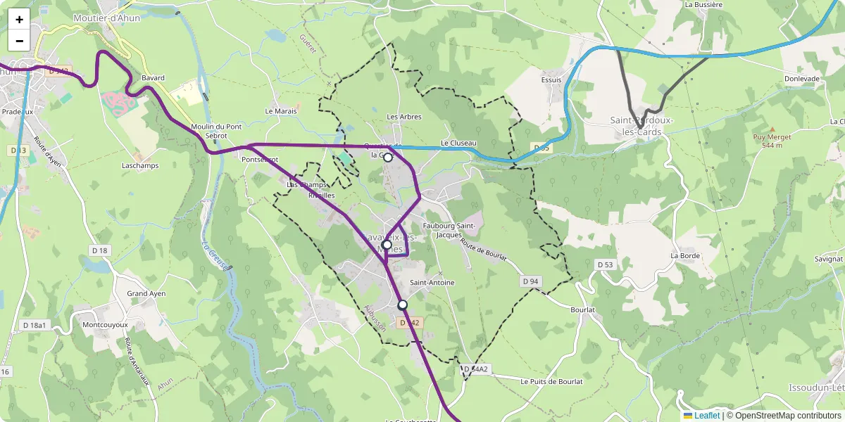 Carte du réseau de transport en commun à Lavaveix-les-Mines - lignes de bus et arrêts