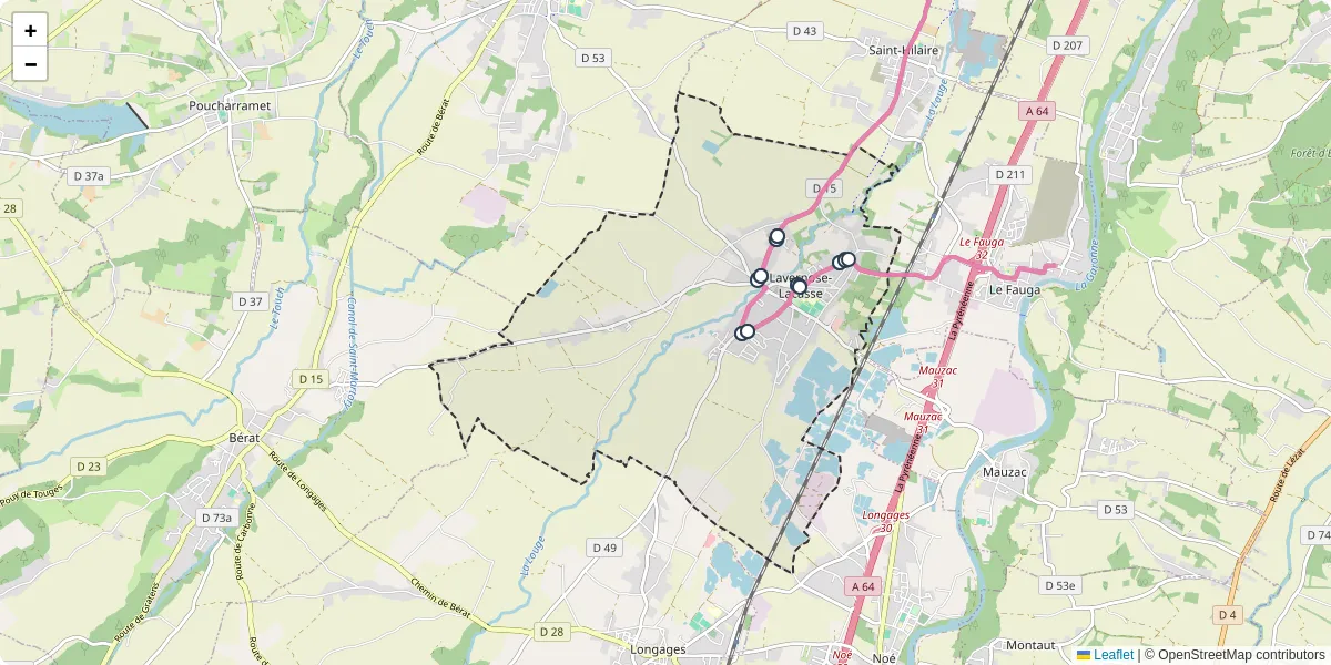 Carte du réseau de transport en commun à Lavernose-Lacasse - lignes de bus et arrêts