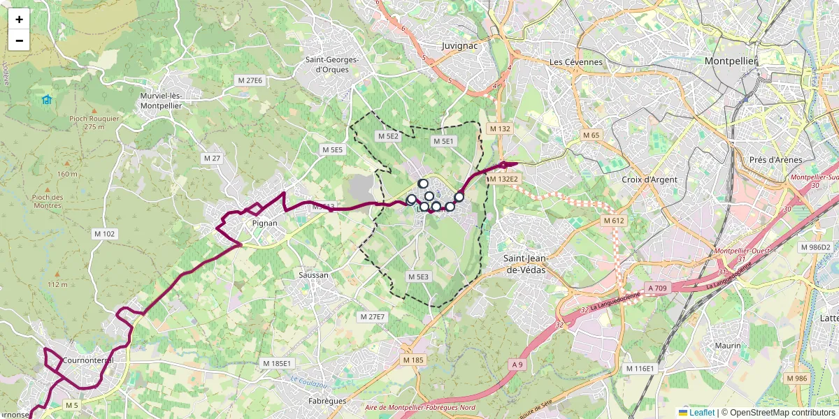 Carte du réseau de transport en commun à Lavérune - lignes de bus et arrêts