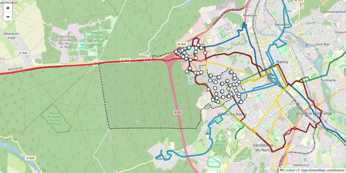 Carte du réseau de transport en commun à Laxou - lignes de bus et arrêts